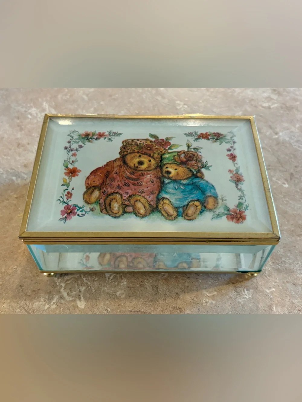 Vintage Teddy Bear Musical Jewelry Box Glass Brass Tone Beveled Trinket Box